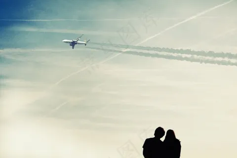 天空，关于，夫妇，蓝色，人类，剪影，曲目