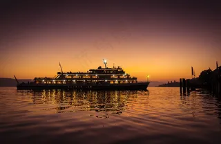 博登湖，船，日落，紫罗兰色，光，乌伯林根