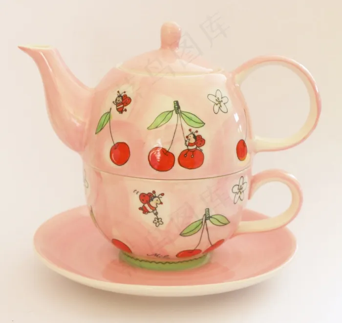 茶壶，冬天，杯，茶，粉红色的，樱桃，餐具