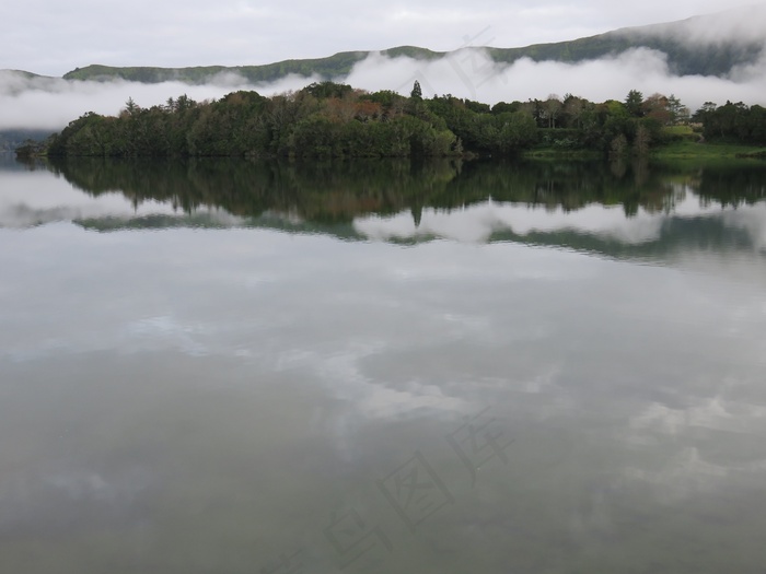 湖，火山口，反射，云团，灰色，火山湖