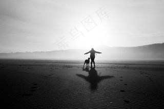 黑色和白色，单色，阴影，狗，人
