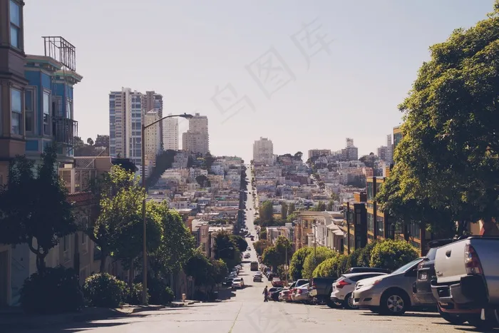 城市，城市，道路，街道，汽车，停放的，住宅