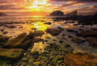 海洋，海景，日落，海岸，岩石，水，黄昏