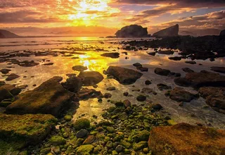 海洋，海景，日落，海岸，岩石，水，黄昏