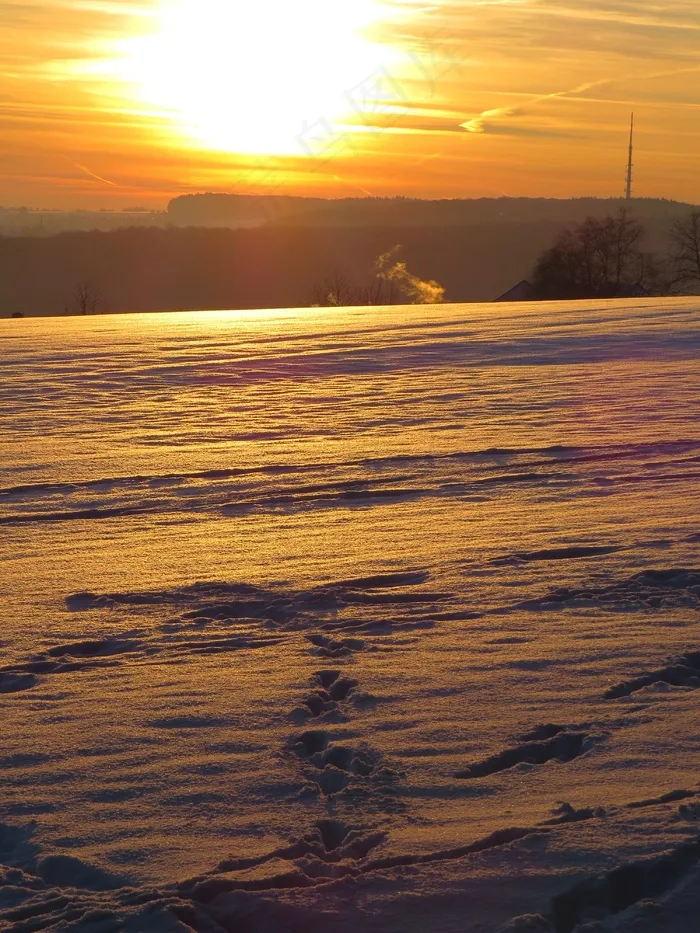 日落，雪，火花，寒冷，雪景，金色