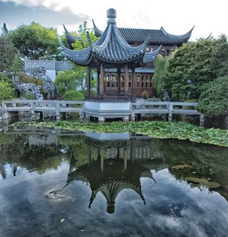 亭子，花园，池塘，中文，反射