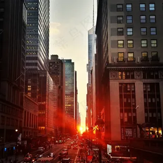 都市夜景,城市街道,街道,轿车,居民楼,曼哈顿日落城市高楼