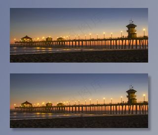 亨廷顿海滩，码头，码头，加利福尼亚州，日落，冲浪