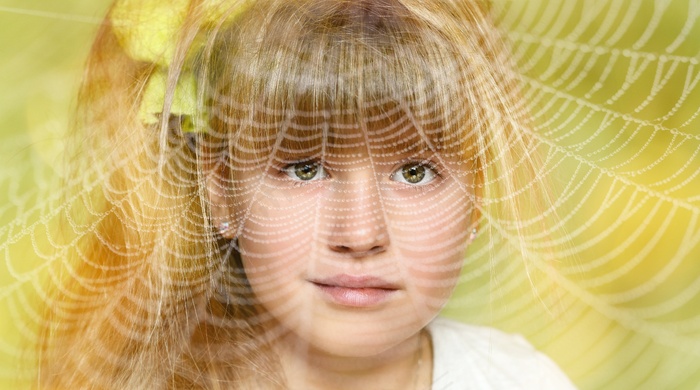 人类，儿童，女孩，金发，脸，意见，蜘蛛网，肖像