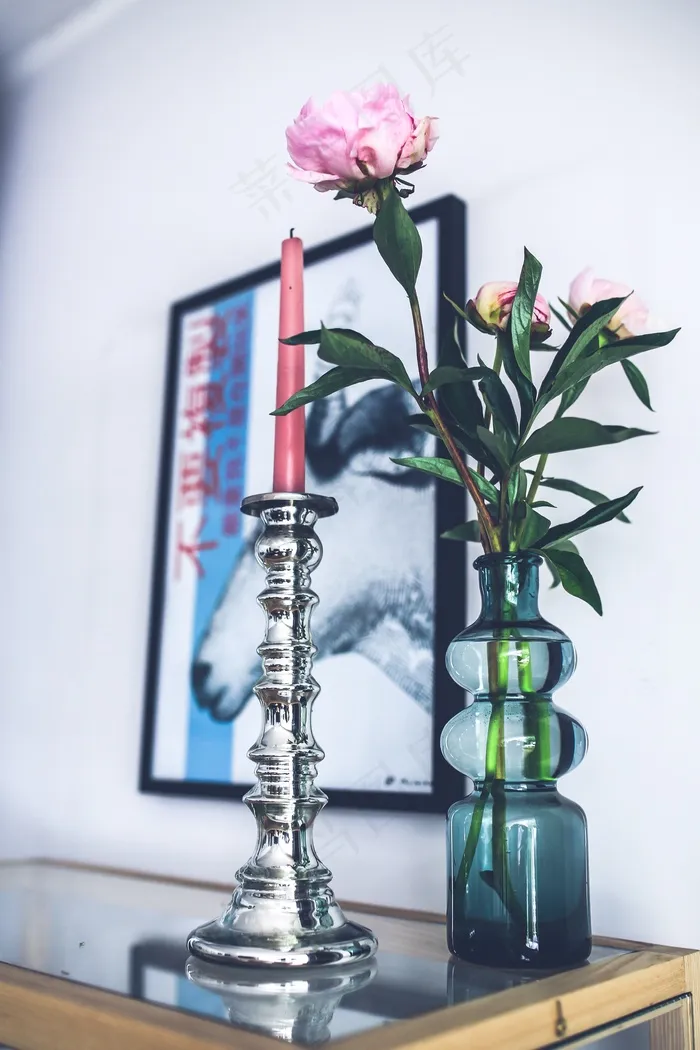 银，烛台，粉红色，牡丹，家，装饰