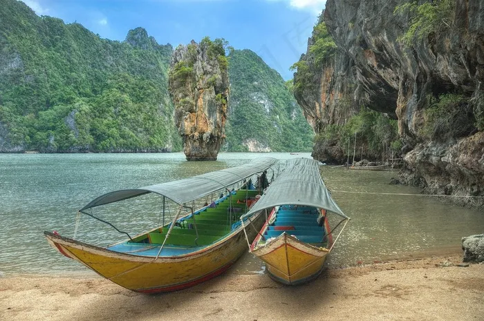 泰国，攀牙，湾，海滩，沧海，水，船，岩