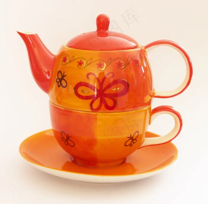 茶壶，杯子，茶，橙子，饮料，餐具，瓷器