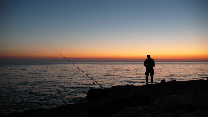 日落，海，钓鱼者，太阳，Abendstimmung，水，红色