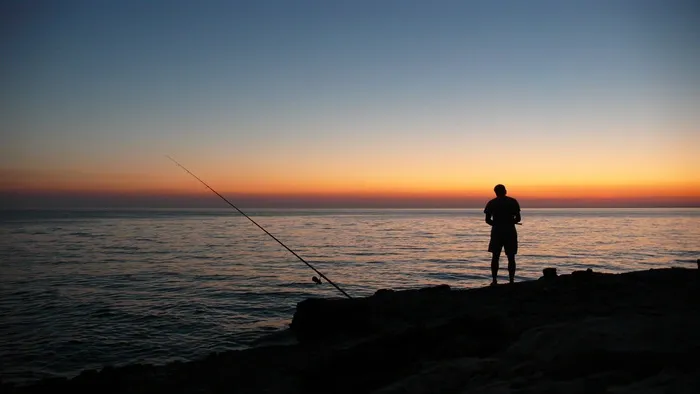 日落，海，钓鱼者，太阳，Abendstimmung，水，红色