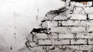 钢笔画,砖石材,山峦,自然/人文景观,塌方,旧砖墙