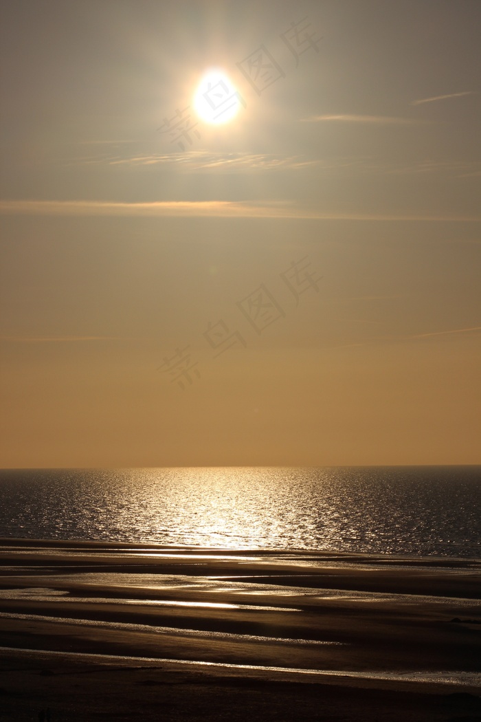 海上日落，北海，海滩，晚上