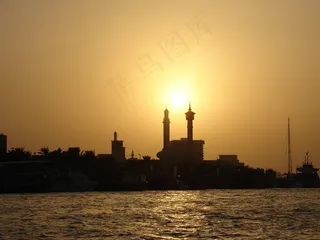 迪拜，日落，东方，建筑，尖塔，海