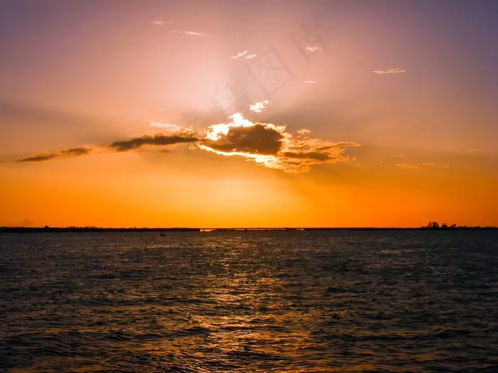 日落，天际线，海，天空，云，海洋，水，湾