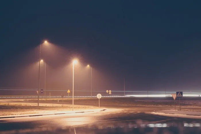 黑暗，夜晚，道路，街道，灯柱，灯，标志