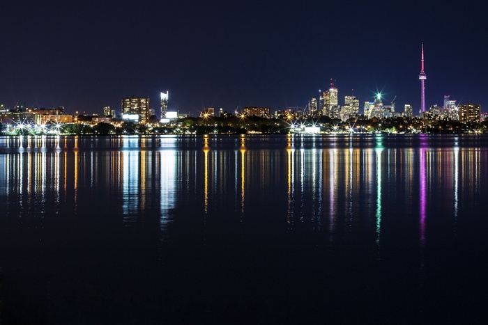 城市，天际线，海滨，夜，灯光，反射