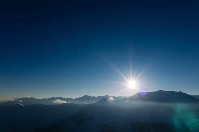山，太阳，天空，高峰，首脑会议，蓝色，阳光