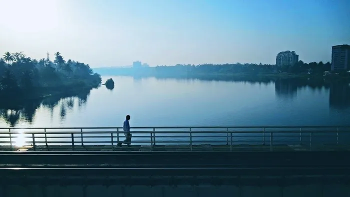 江，水机，城市，早上，意见，リボンとユーロ，行人