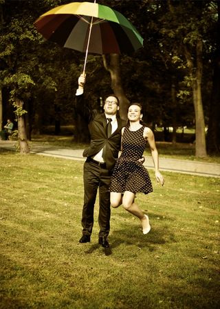 人，伞，飞行，女装，英俊，男子，快乐