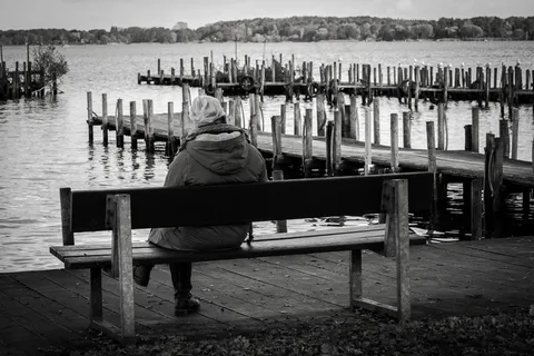 银行，湖泊风景，水机，坐，休息，休息，人类，女人，Web