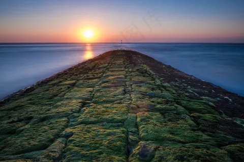 日落，海，Groyne，Baltrum，岛，北海，太阳