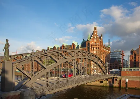 汉堡,老Speicherstadt,堤路,太阳 汉堡,老Speicherstadt,堤路,太阳