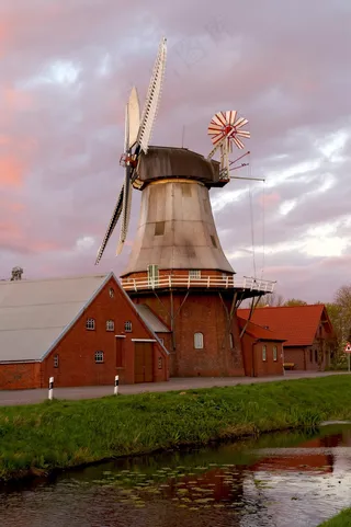 风车，磨，机翼，水，天空，云