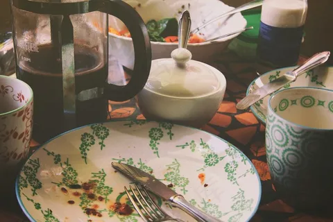 剩余的早餐，包括盘子和咖啡