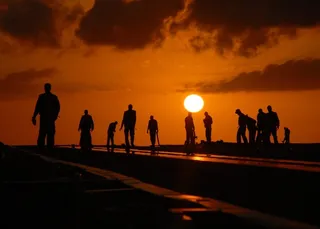 剪影，人，工人，黄昏，飞行甲板