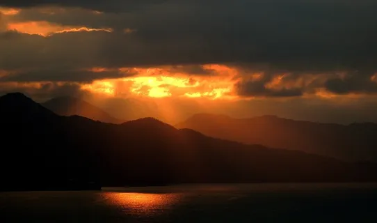 日落，山，岛，景区，热带，云