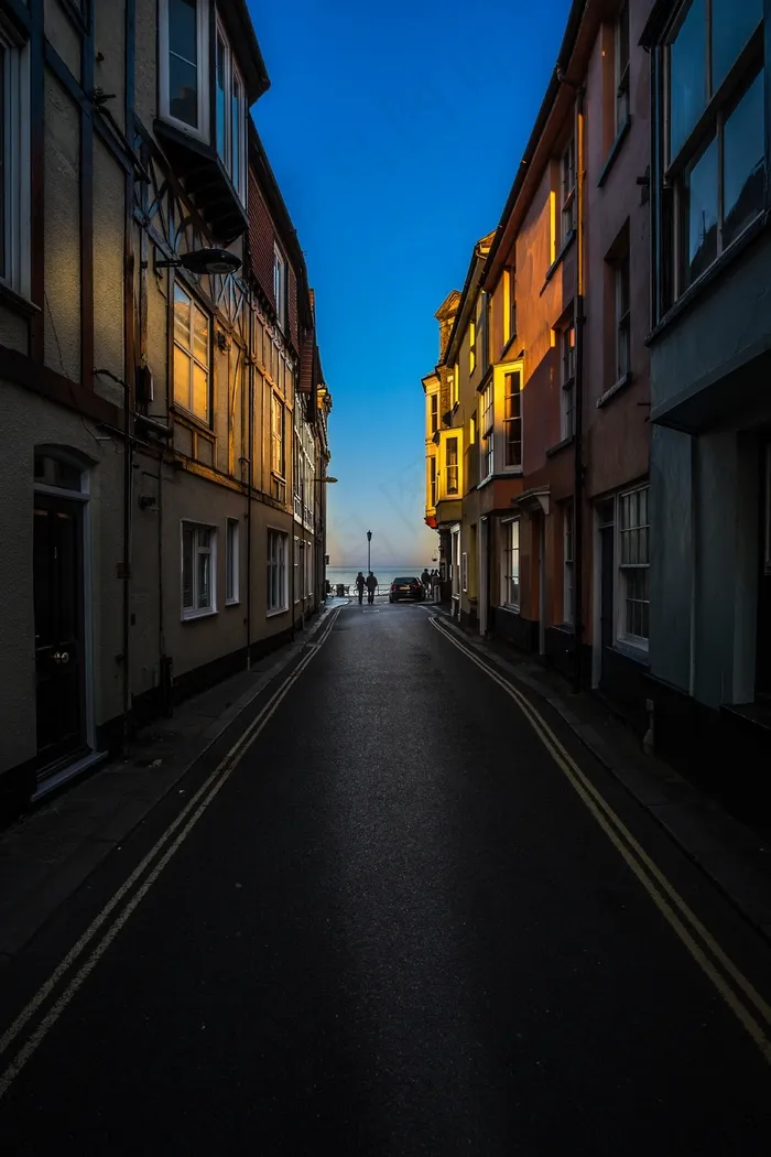 街道,城市街道,巷道,桥梁,夜景照明,黎明房屋街村