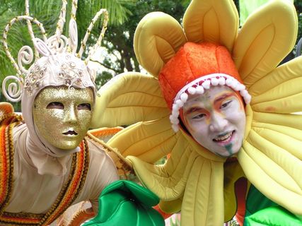 男人，女人，人，人，小丑，鲜花，游乐场