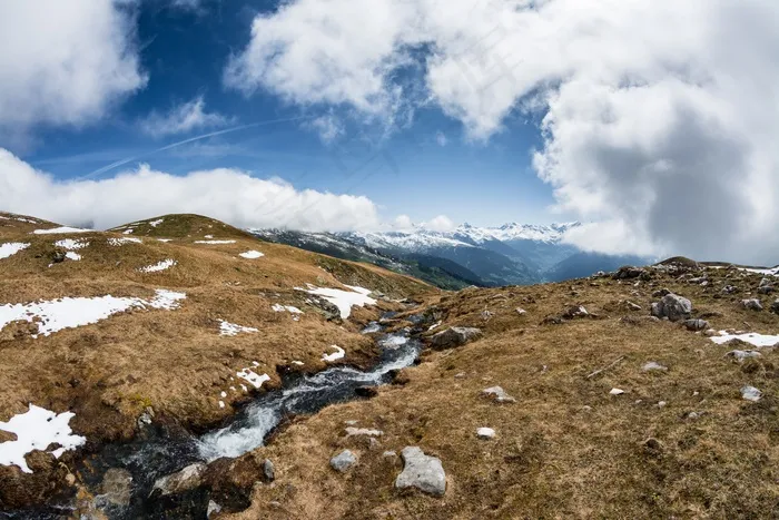山间溪流，春天，云，山，雪，蓝色
