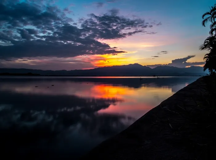 湖，海景，日落，Abendstimmung，云