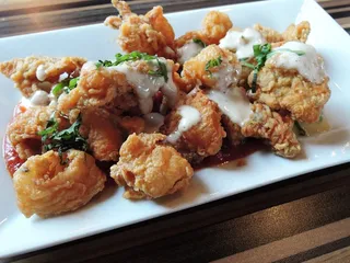 枪乌贼，炸，卤汁，芝麻菜，食品