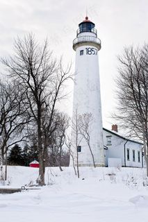 灯塔，密歇根州，白色，航海，冬天，雪域