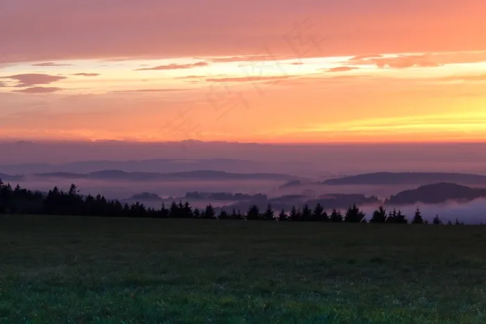 博登湖，雾，日落，山，秋季，高山