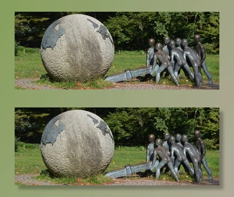 货币,雕像,陶罐,高尔夫球,羽毛球拍,地球仪和公园里的人的雕塑