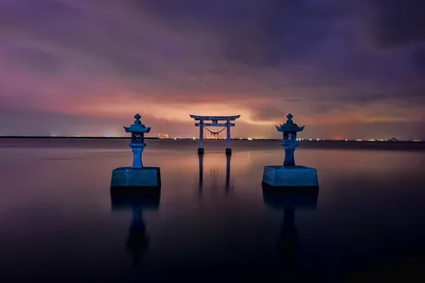 日本，神社，鸟居，海，熊本，水，日落