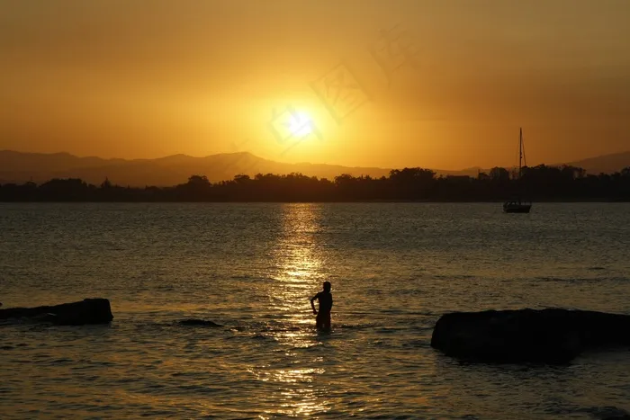 海，日落，海滩，Abendstimmung，帆，引导，男孩