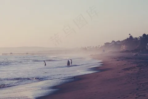 海滩，沙滩，日落，晚上，码头，波浪，岸