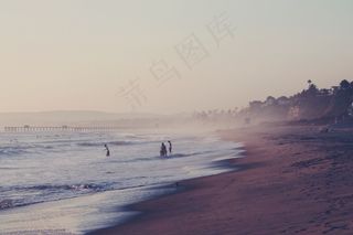 海滩，沙滩，日落，晚上，码头，波浪，岸
