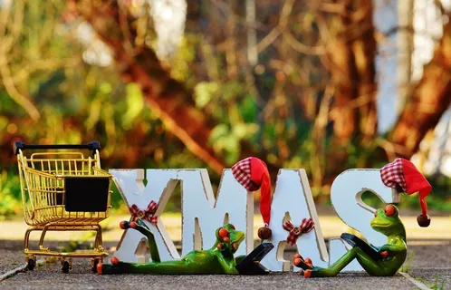 购物车,青蛙的雕像和单个XMAS与背景中的树木 购物车,青蛙的雕像和单个XMAS与背景中的树木