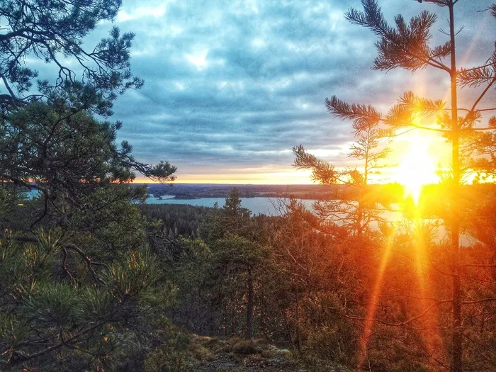 风景，阳光，日落，光线，地平线，湖