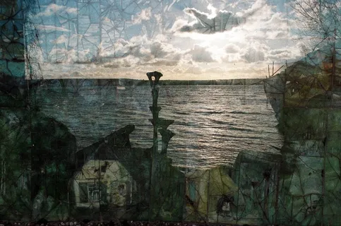 油画,山峦,峡谷,洞穴溶洞,天空,河上的云