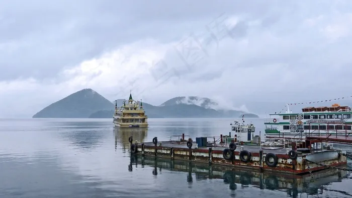 湖，洞爷湖，山，渡轮，雾，国家公园